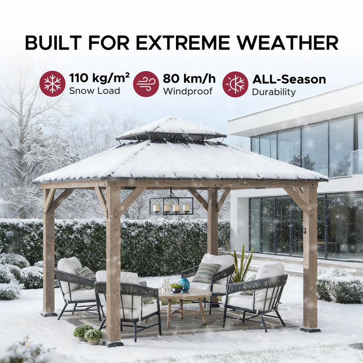Wood Gazebo with Solar LED Light - 330cm x 330cm, Dark Brown