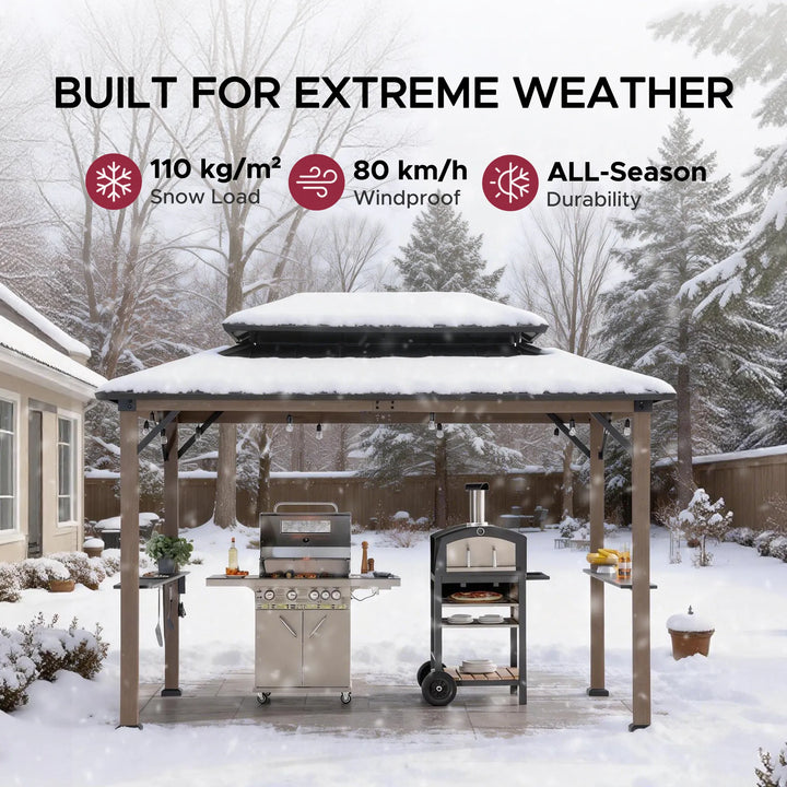 Wood Grill Gazebo with Electrical Outlets &amp; Shelves - 360x240cm, Brown