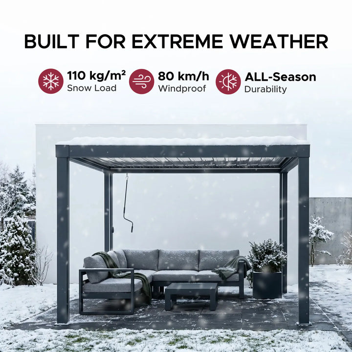Matterhorn Louvered Pergola with Solar LED Lights &amp; Drainage System - 306cm x 306cm, Anthracite
