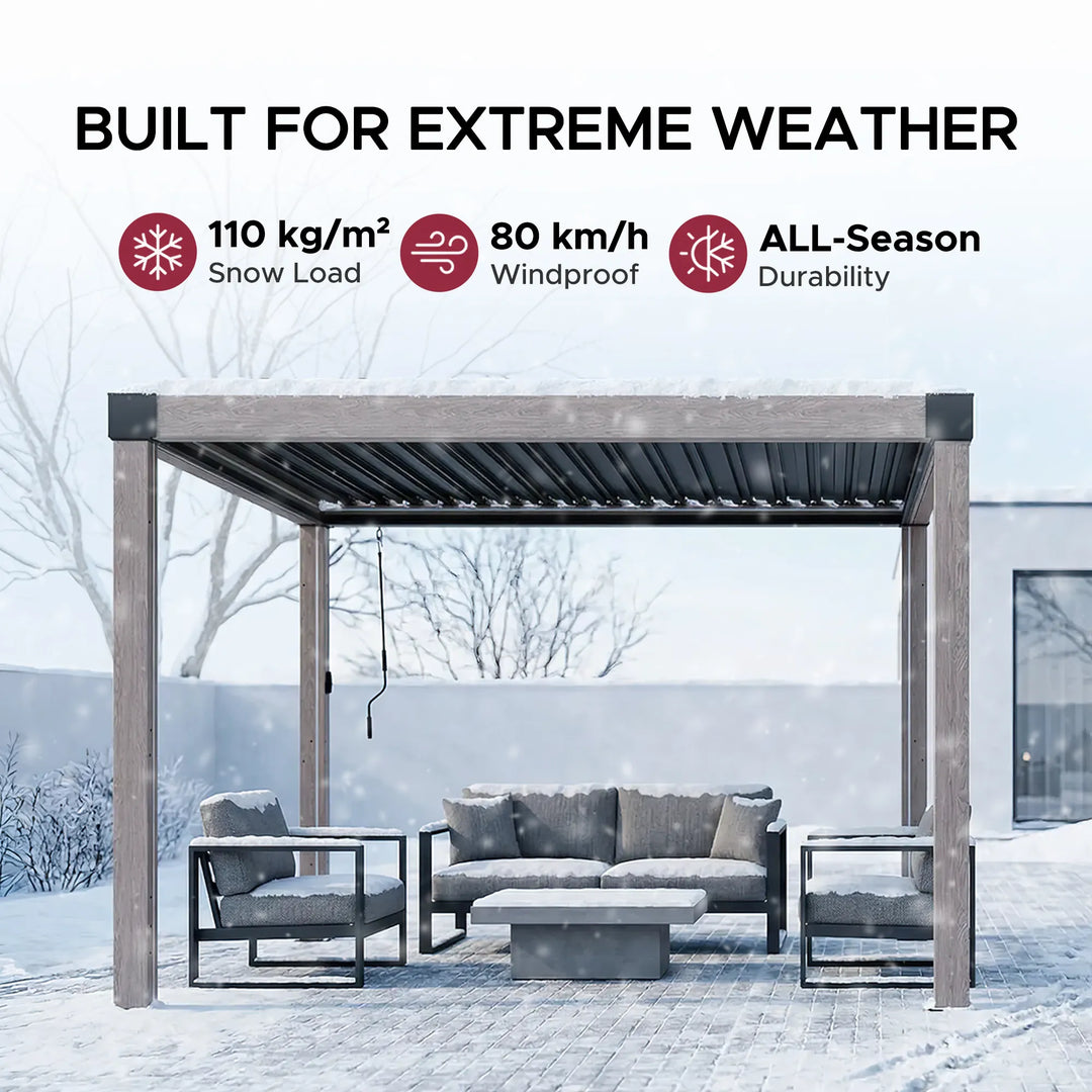 Matterhorn Louvered Pergola with Solar LED Lights &amp; Drainage System - 306cm x 306cm, Woodgrain