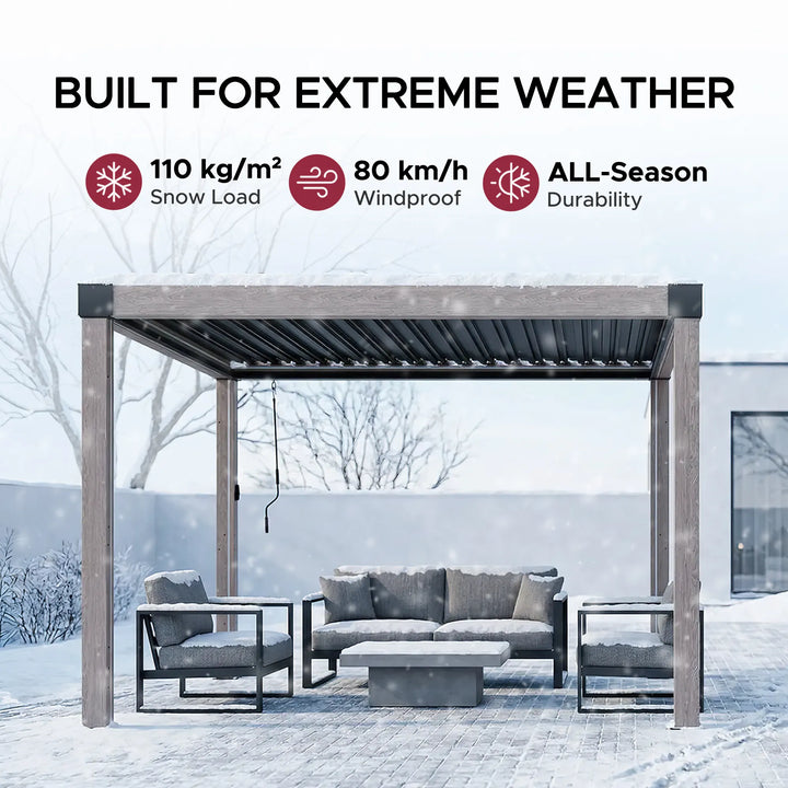 Matterhorn Louvered Pergola with Solar LED Lights &amp; Drainage System - 306cm x 306cm, Woodgrain