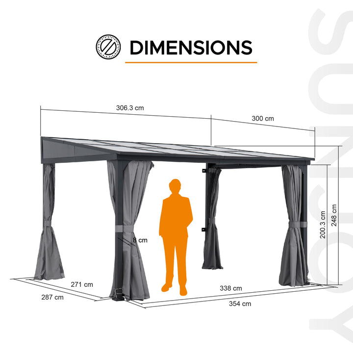 Stahl Wandpavillon MEIJE mit Vorhängen und Netz - 360cm x 300cm, schwarz