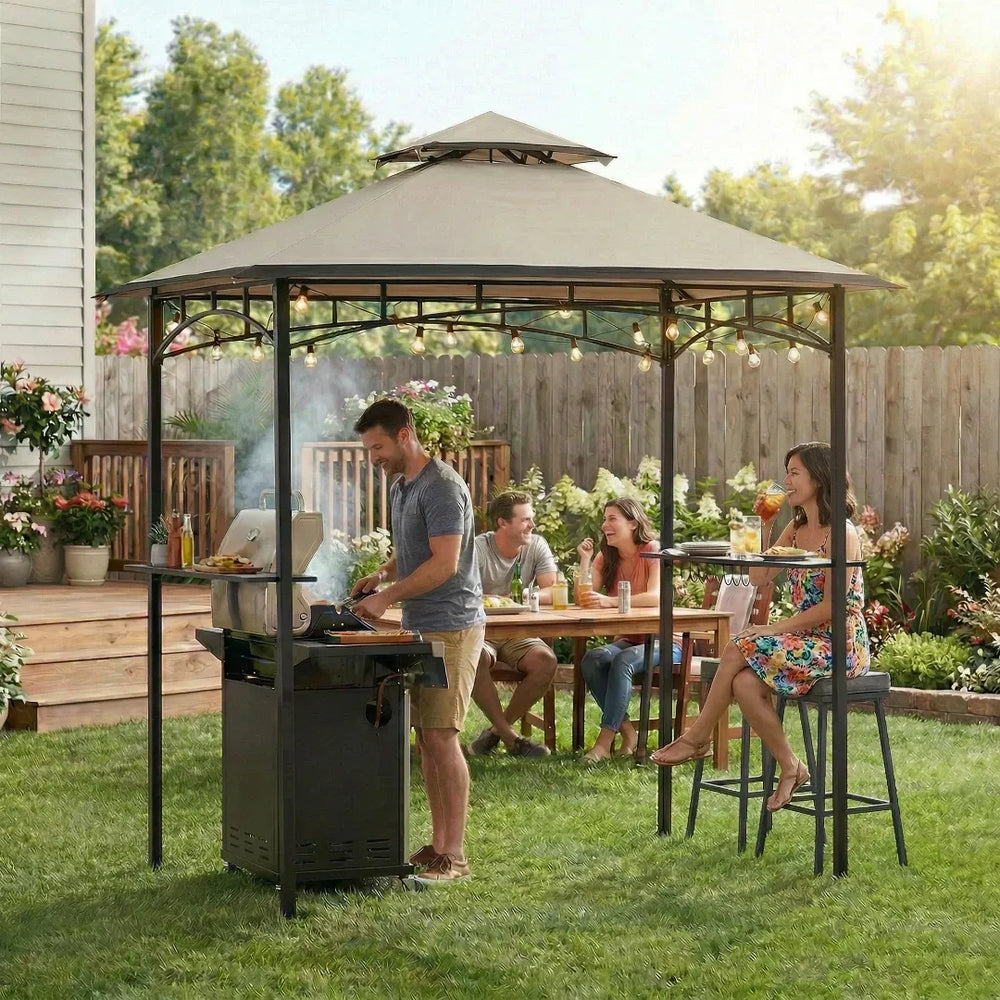 People enjoying a barbecue in a backyard with a gazebo.
