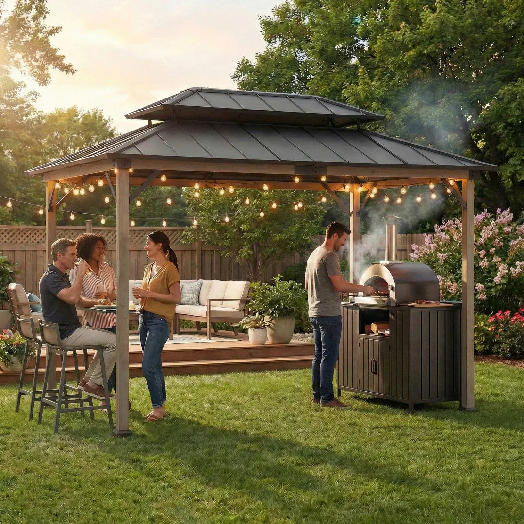 People gathered around a grill under a wood grill gazebo with string lights in a backyard setting.