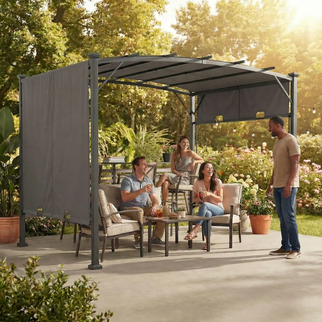 People sitting under a gray pergola in a garden setting