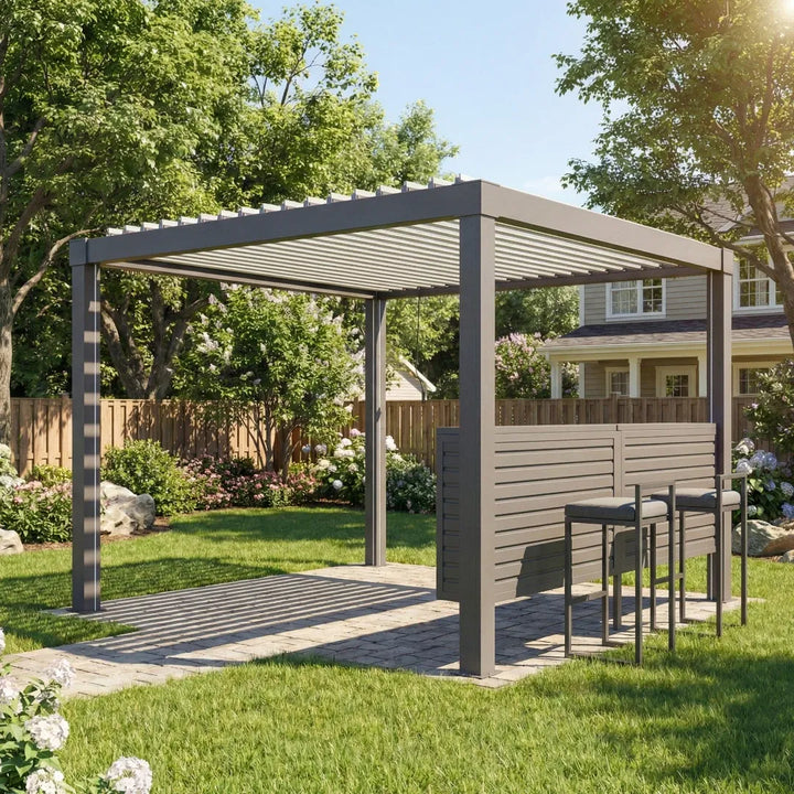 Outdoor pergola with a house and garden in the background