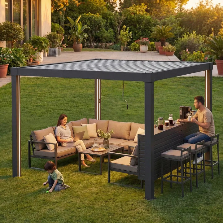 Family enjoying a meal under a patio cover in a garden setting