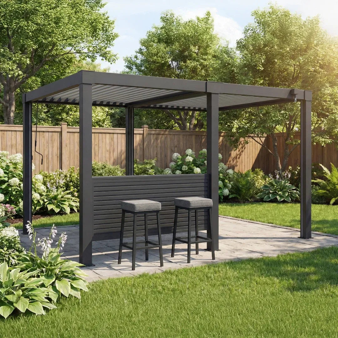 Gray pergola with seating area in a garden setting