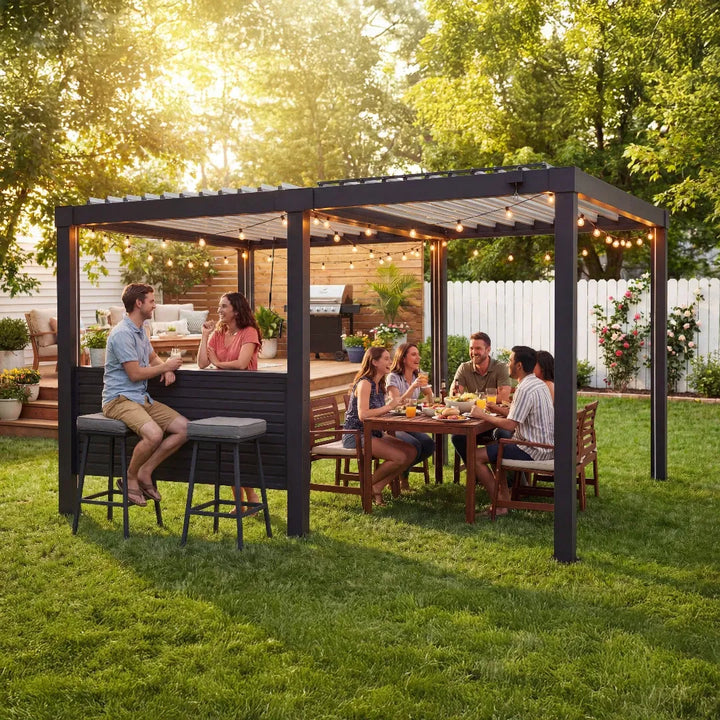 People enjoying a meal under a pergola in a backyard setting.