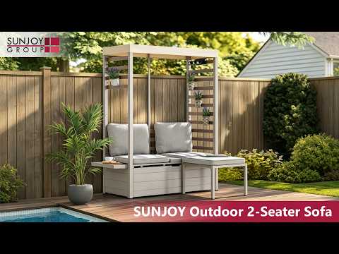 FARO 2-Sitzer-Gartensofa aus Stahl mit Überdachung, Hocker und Stauraum 57cm x 147cm – Grau
