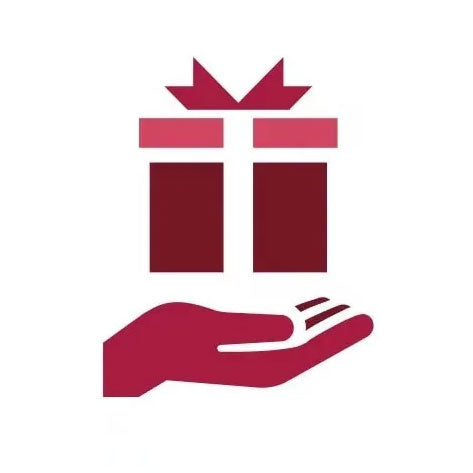 Red icon of a hand holding a gift box on a white background