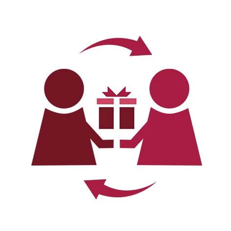 Icon of two people exchanging a gift with arrows indicating the action.